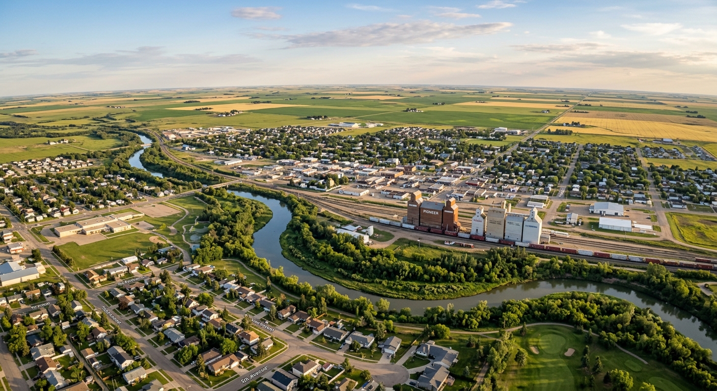 Aerial view of Weyburn Saskatchewan, small Canadian prairie city, Souris River winding through town, grain elevators, residential neighborhoods, flat agricultural landscape extending to horizon, warm summer light