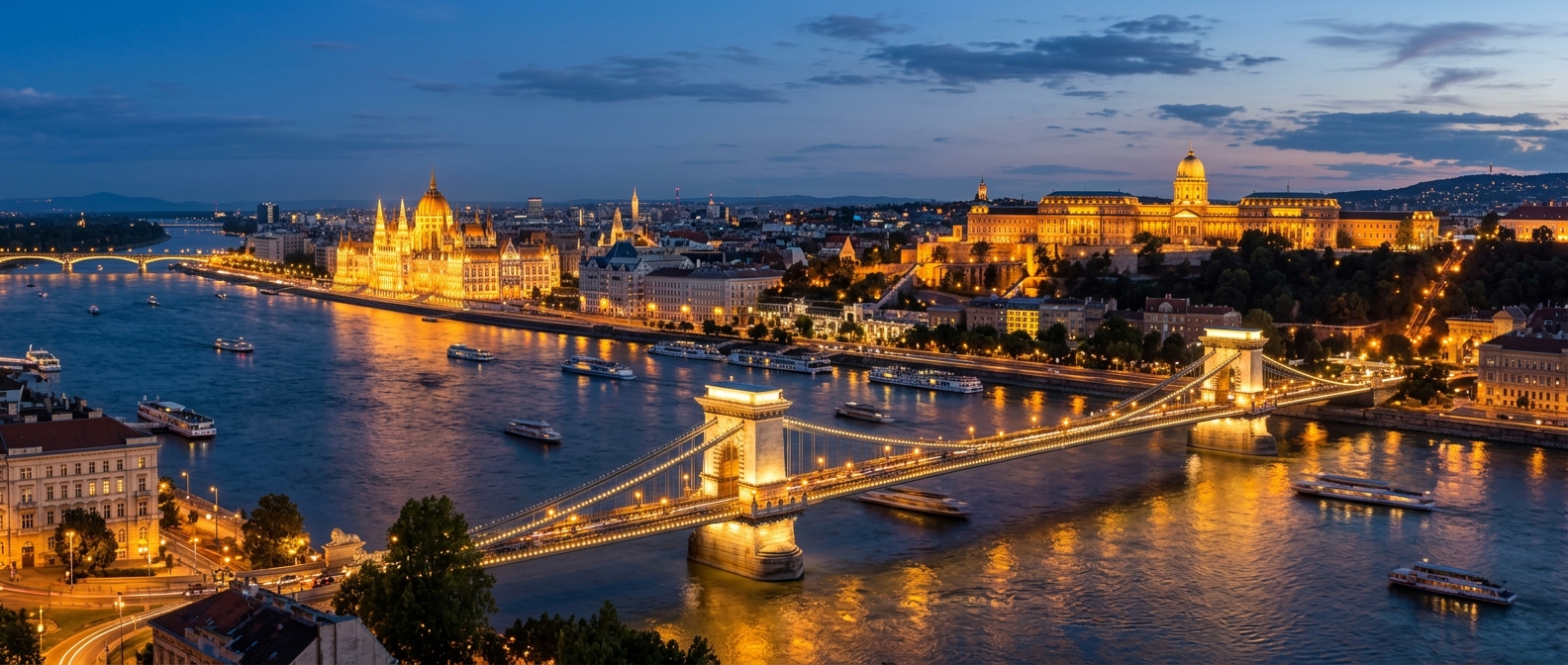 Panoramic view of Budapest cityscape with the Danube River, Chain Bridge, Hungarian Parliament building illuminated at dusk, Buda Castle on the hill, warm golden lights reflecting on the water