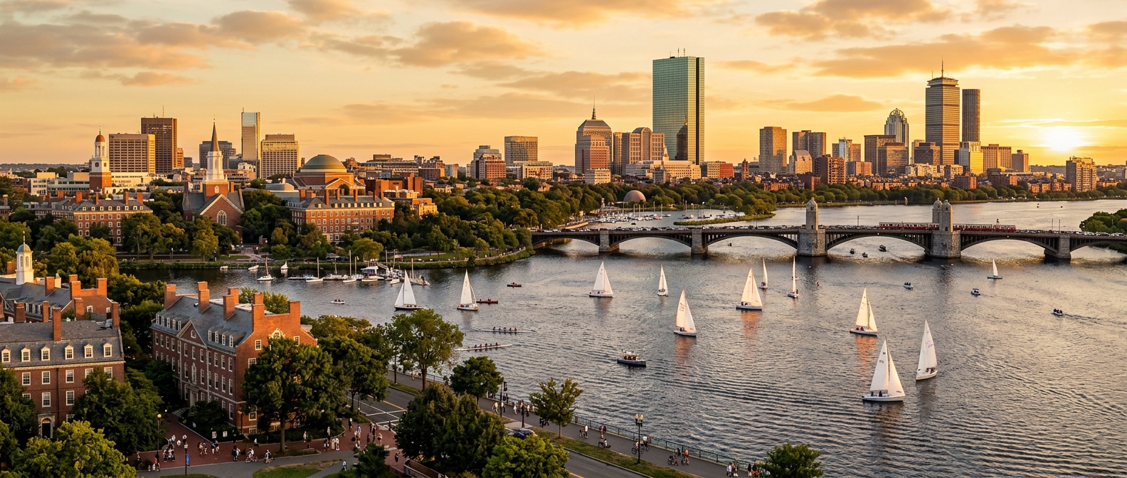 Panoramic view of Cambridge and Boston skyline from across the Charles River, historic brick buildings in foreground, modern skyscrapers in background, sailboats on the river, golden hour lighting