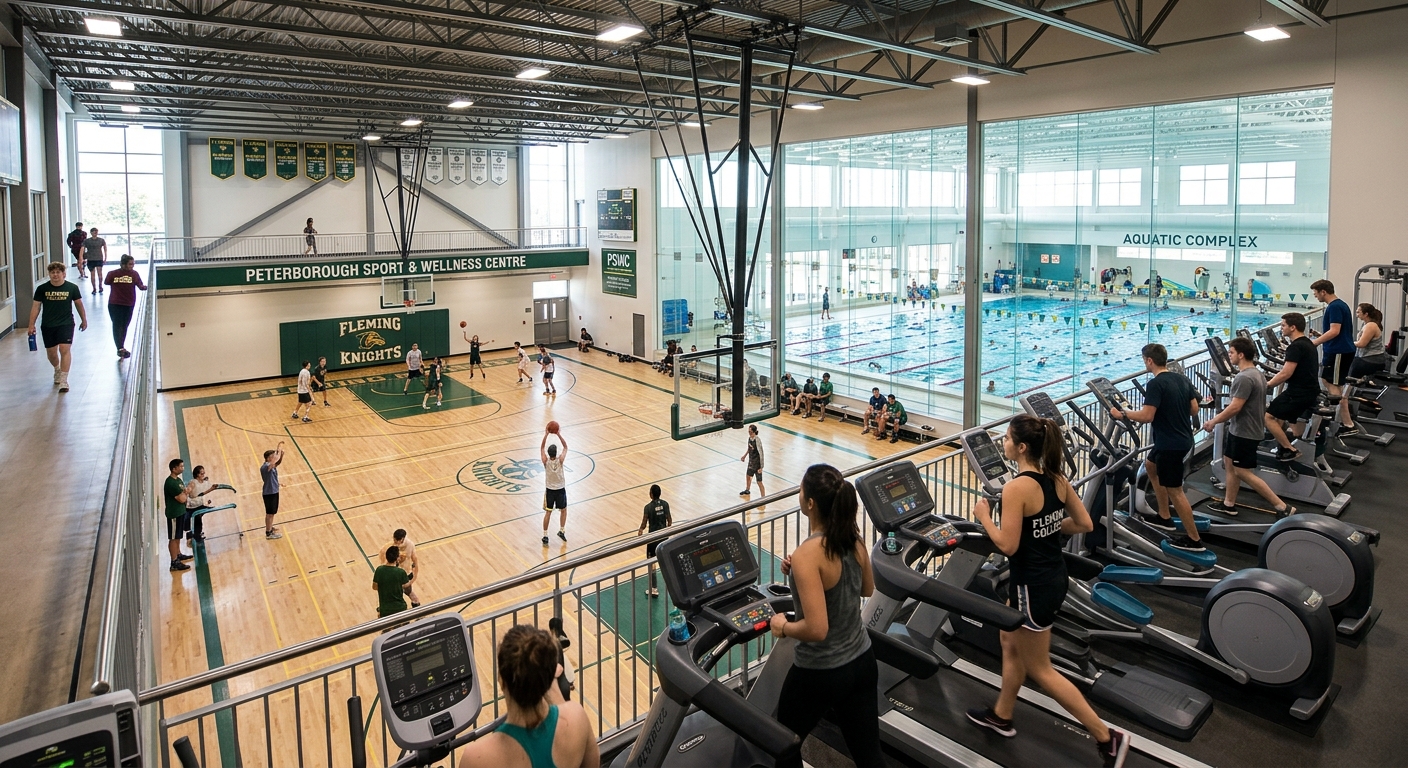 Peterborough Sport and Wellness Centre at Fleming College, large athletic facility with gymnasium, aquatic complex, and fitness areas, students exercising inside