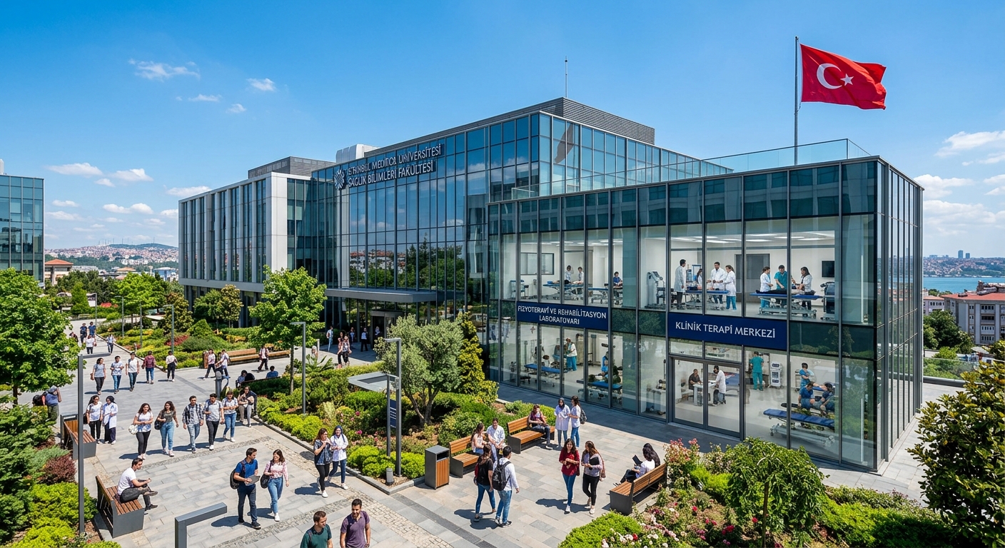 Modern university campus building in Istanbul with glass facades, students walking through landscaped courtyard, clinical therapy labs visible through windows, Turkish flag waving, clear blue sky background