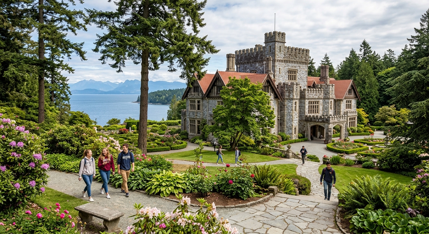 Historic Hatley Castle at Royal Roads University campus in Colwood, British Columbia, surrounded by lush gardens and old-growth forest with ocean views, students walking along pathways in a park-like setting