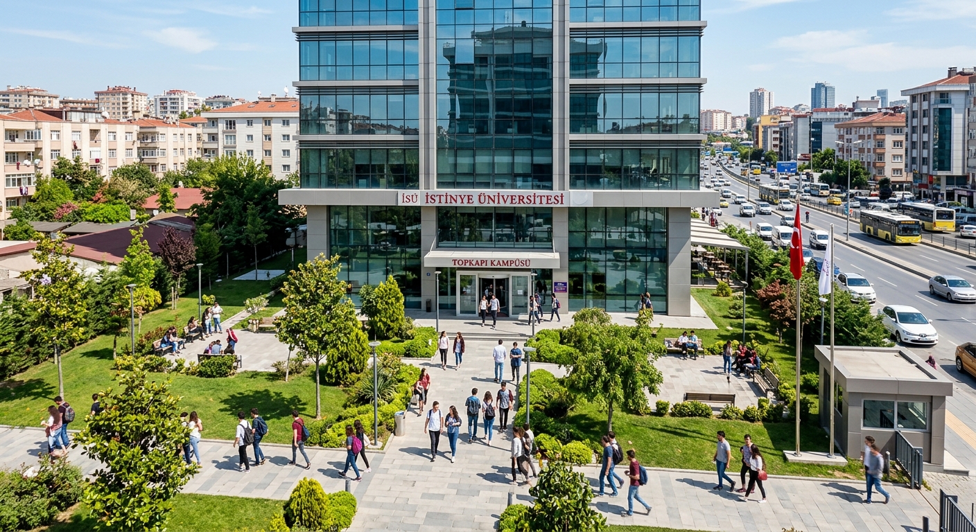 Istinye University Topkapi Campus exterior, modern multi-story academic building with glass facade, green courtyard area with students walking, Zeytinburnu Istanbul urban setting