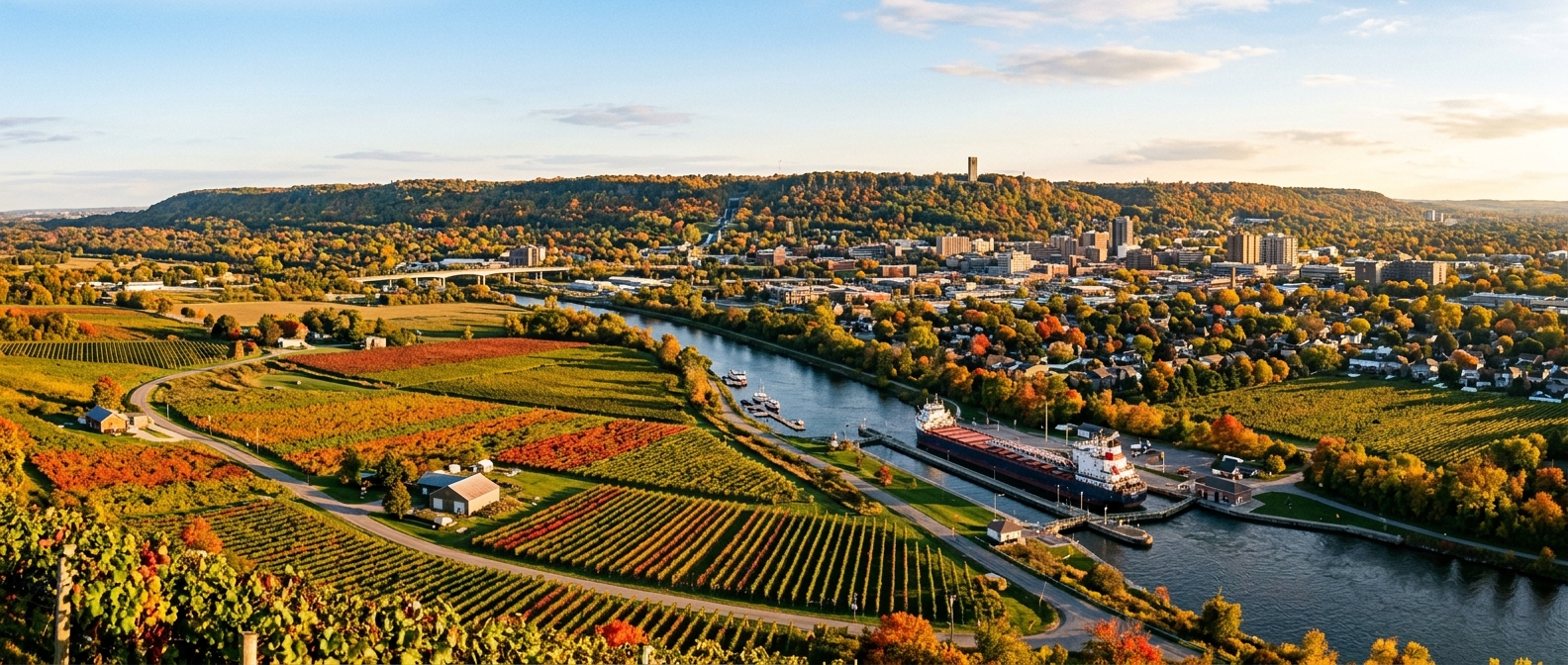Panoramic view of St. Catharines Ontario cityscape with the Niagara Escarpment in the background, lush vineyards, Welland Canal, autumn foliage, warm golden light