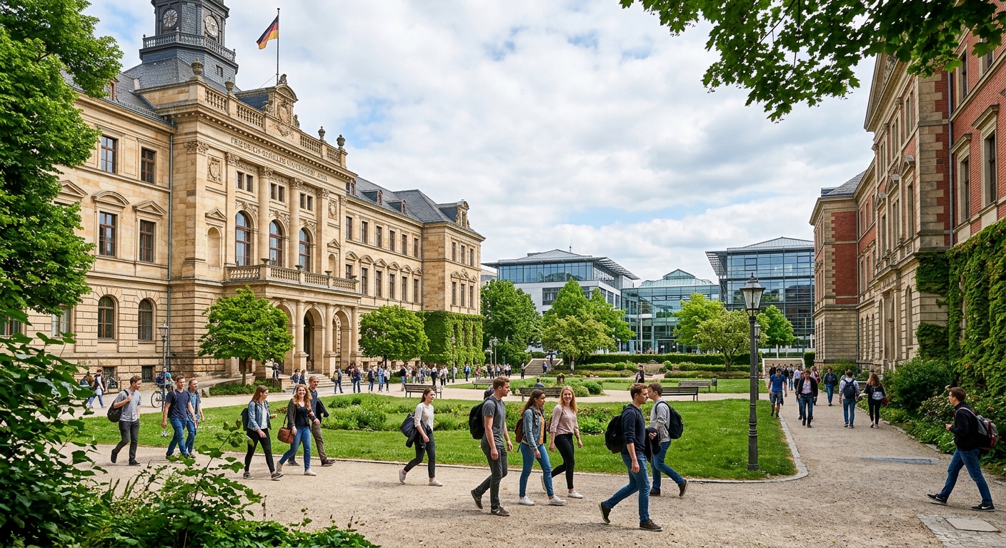 Friedrich Schiller University Jena historic campus building with green courtyard, students walking between classical architecture buildings in Jena, Thuringia, Germany, with modern lecture halls visible in background