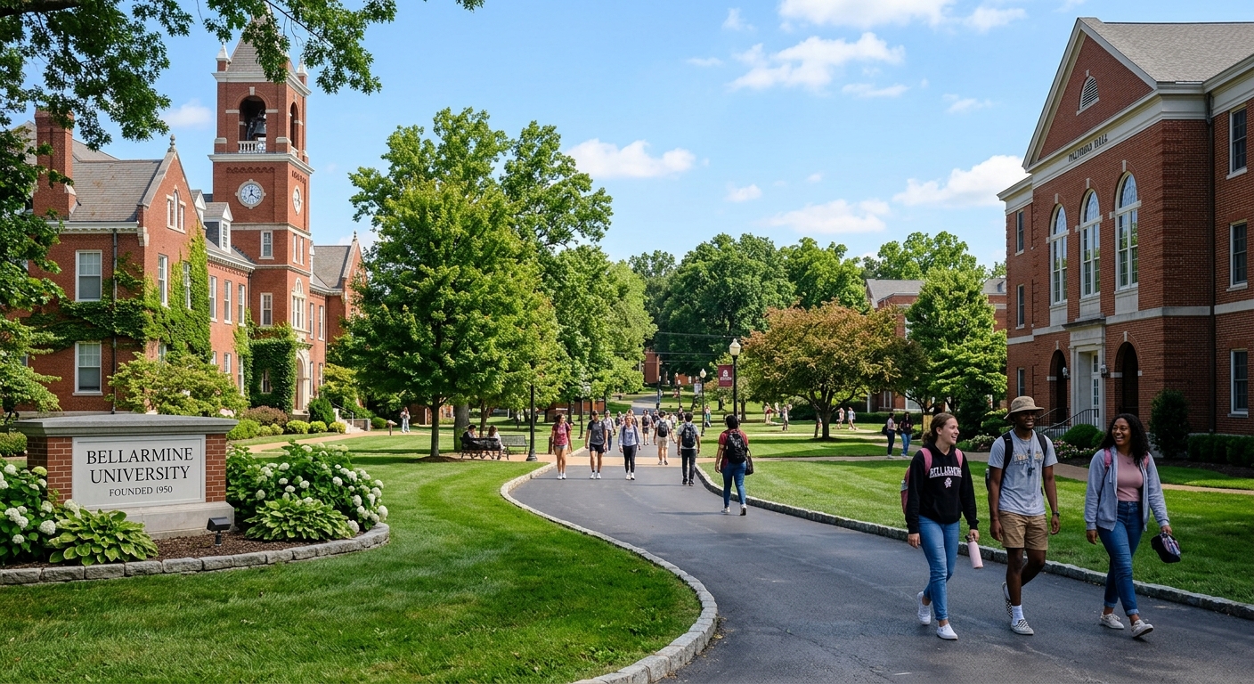Bellarmine University campus in Louisville Kentucky with red brick buildings, green lawns, and students walking along tree-lined pathways on a sunny day