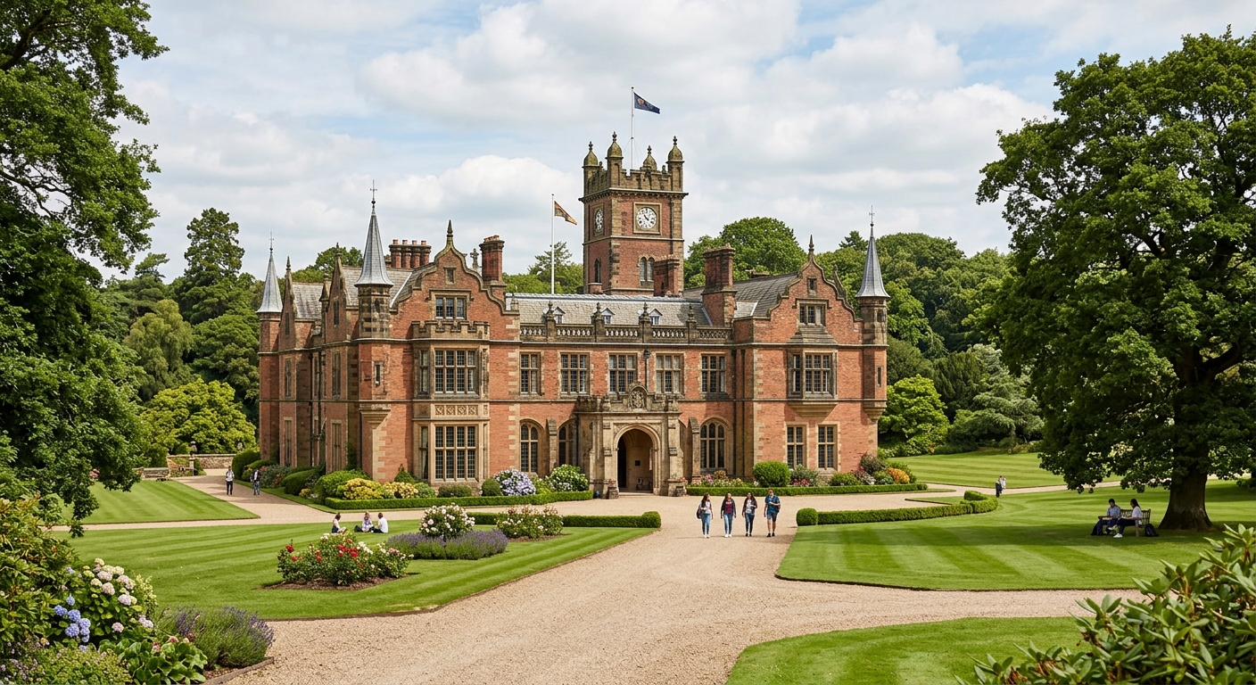 Keele Hall, a grand Victorian Gothic building surrounded by manicured lawns and mature trees on the Keele University campus