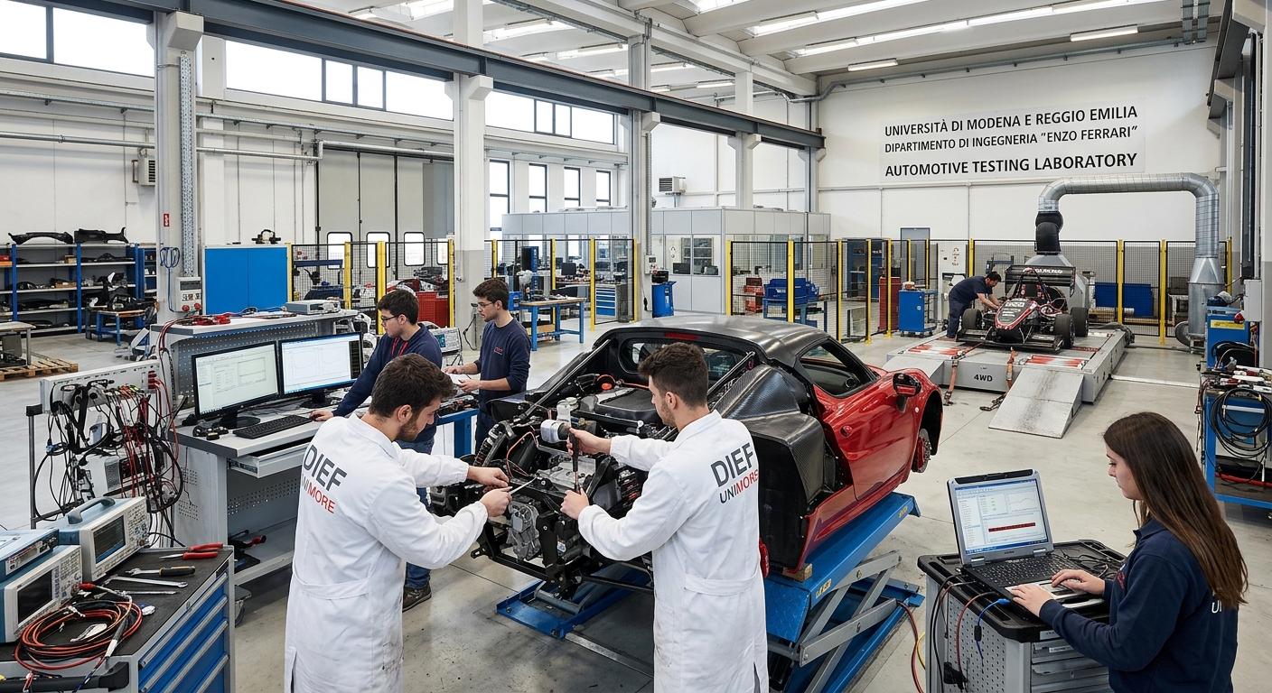 Modern engineering laboratory at the Enzo Ferrari Department, automotive testing equipment, students working on vehicle prototypes, bright industrial space