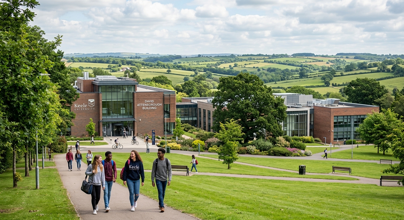 Keele University campus with green parkland and modern science laboratories, students walking near the David Attenborough Building, Staffordshire countryside in the background