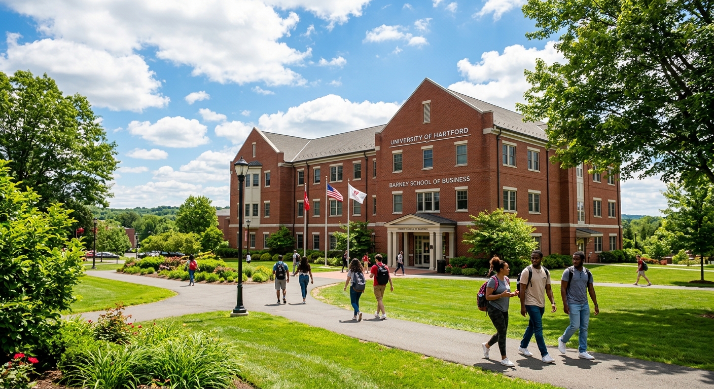 University of Hartford Barney School of Business building exterior with red brick architecture, green campus lawn, students walking along pathways, suburban Connecticut setting with trees and blue sky