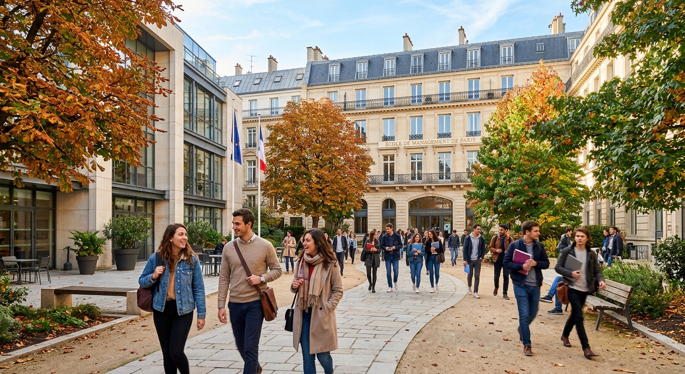 Modern Parisian business school campus with students walking through a courtyard, elegant Haussmann-style architecture in the background, bright autumn sunlight, green trees lining the pathway