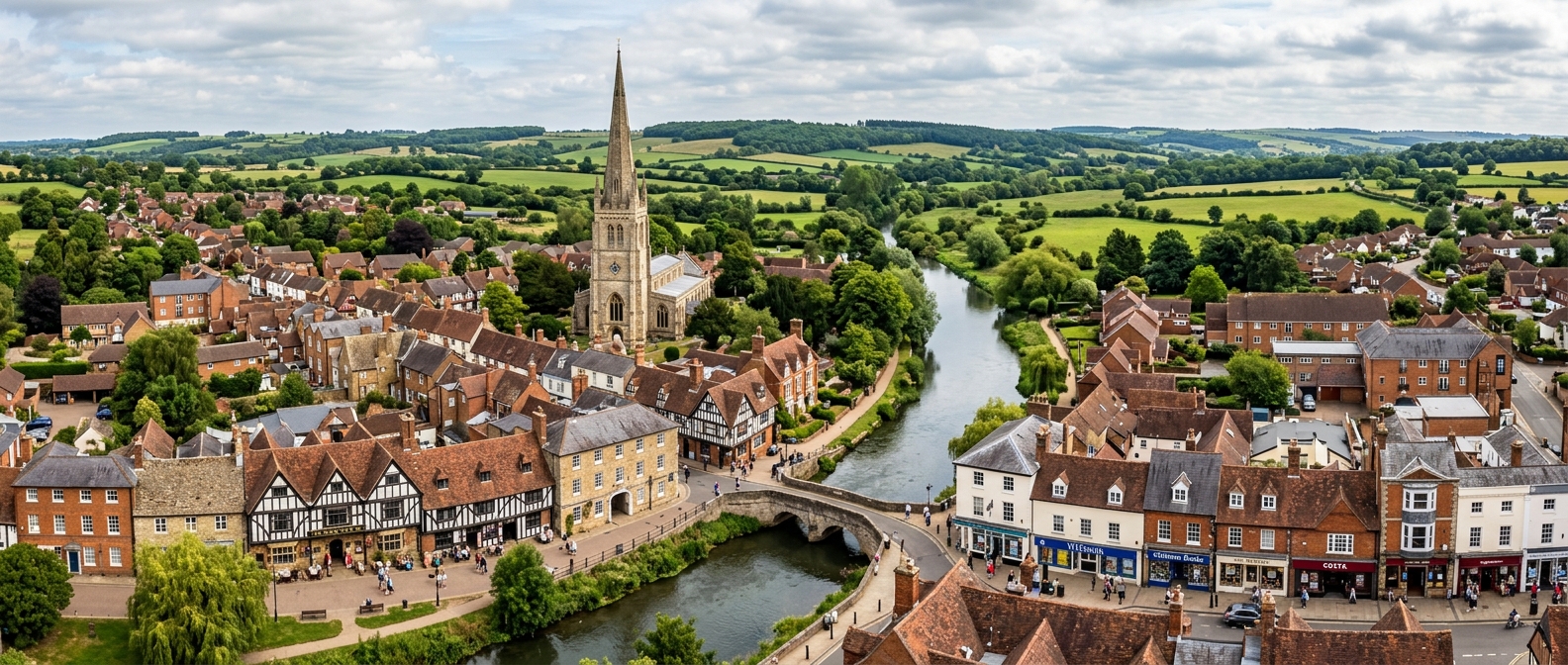 Buckingham market town panoramic view, historic church spire, traditional English high street with independent shops, green countryside in background, River Great Ouse flowing through town