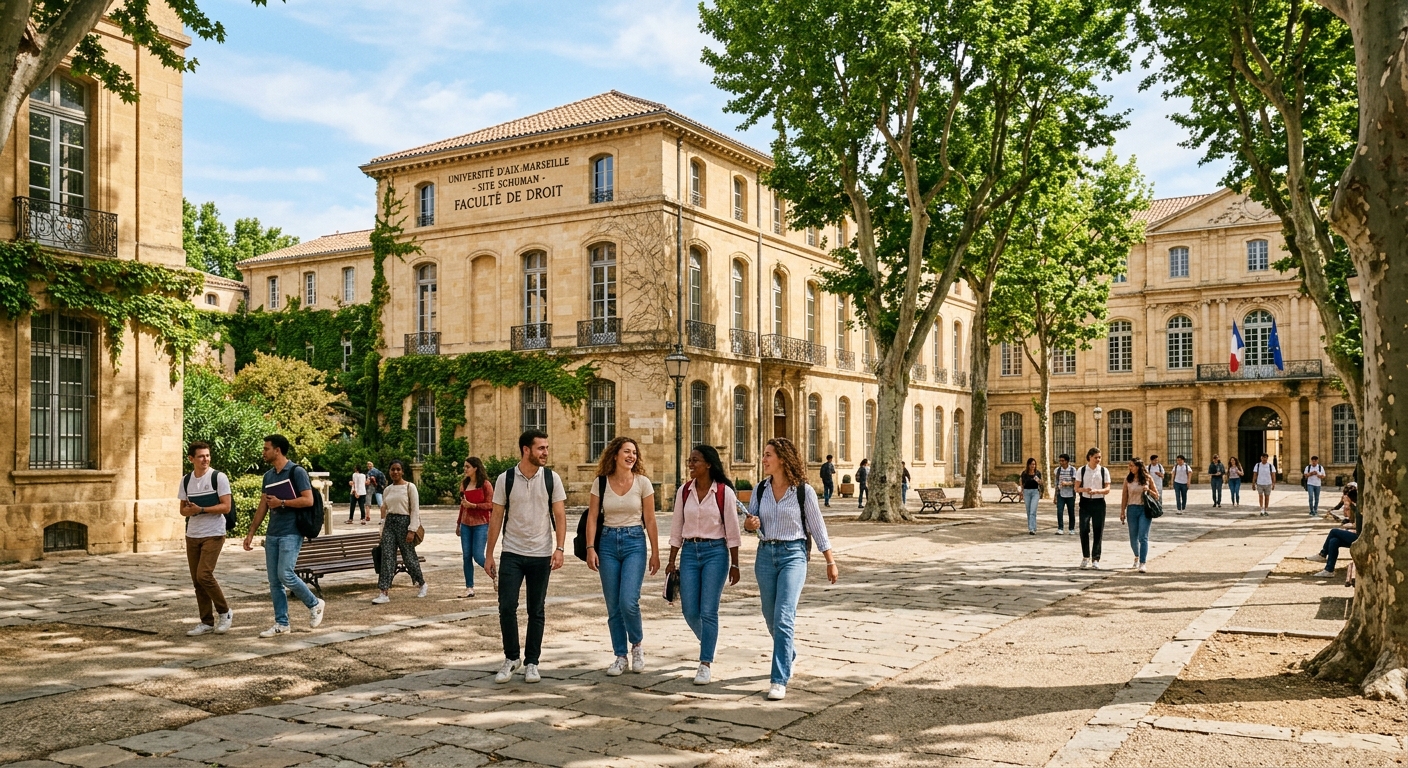 Aix-Marseille University Schuman campus in Aix-en-Provence, Provence region of southern France, historic stone buildings with tree-lined courtyards, students walking under Mediterranean sunlight