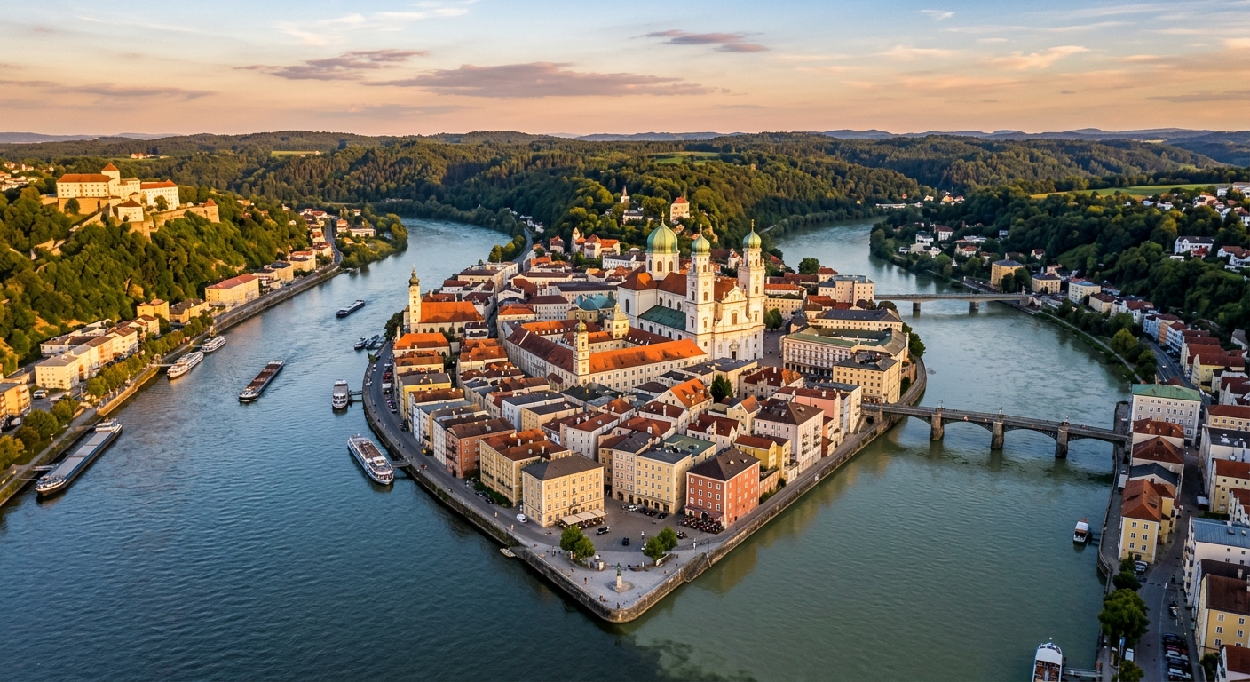 Aerial view of Passau old town at the confluence of three rivers Danube Inn and Ilz, baroque St. Stephen's Cathedral with green dome, colourful historic buildings, forested hills in background, golden hour light