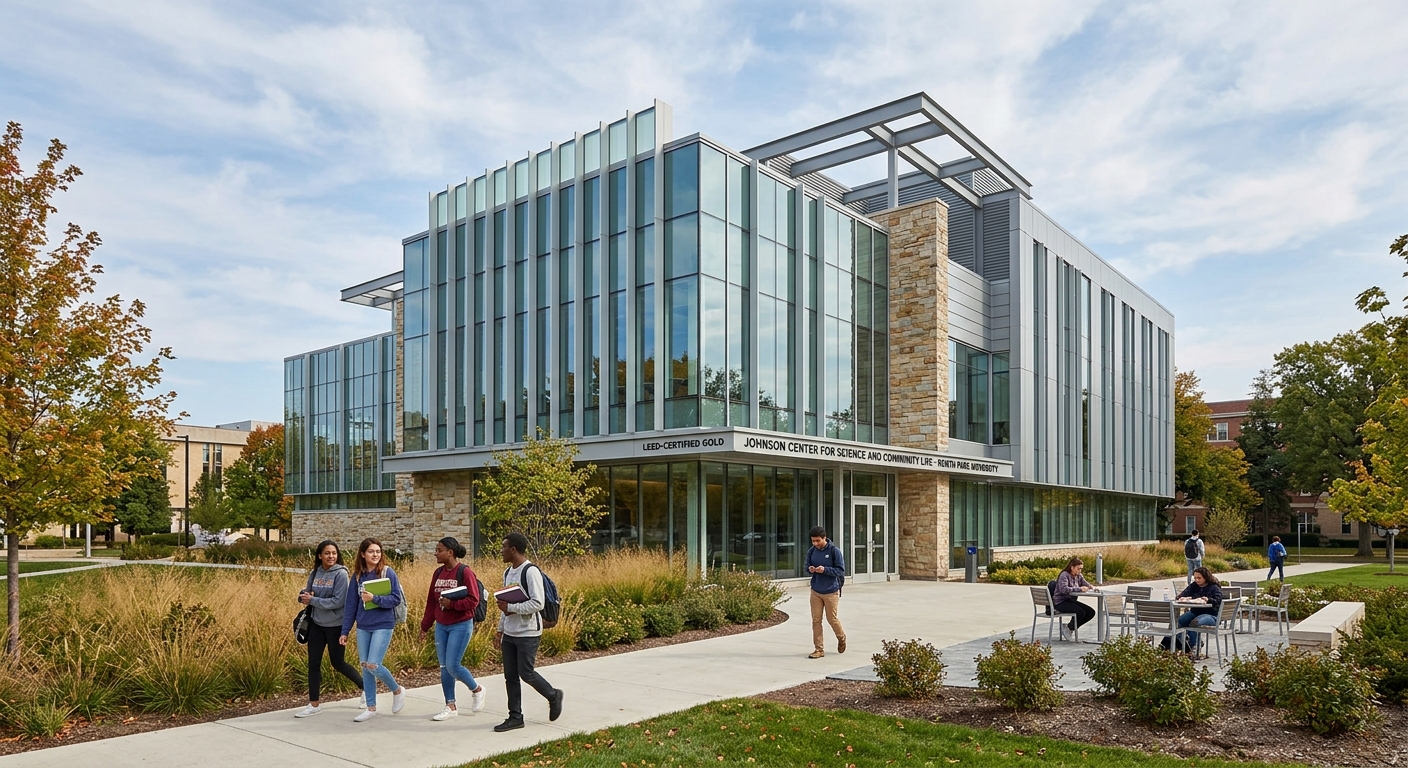 Johnson Center for Science and Community Life at North Park University, modern LEED-certified glass and steel building with students walking outside