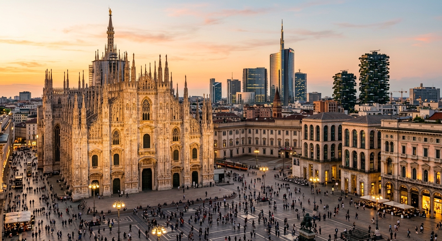 Milan city skyline at golden hour, Duomo cathedral in foreground, modern skyscrapers of Porta Nuova district in background, bustling piazza with pedestrians, warm Italian evening light