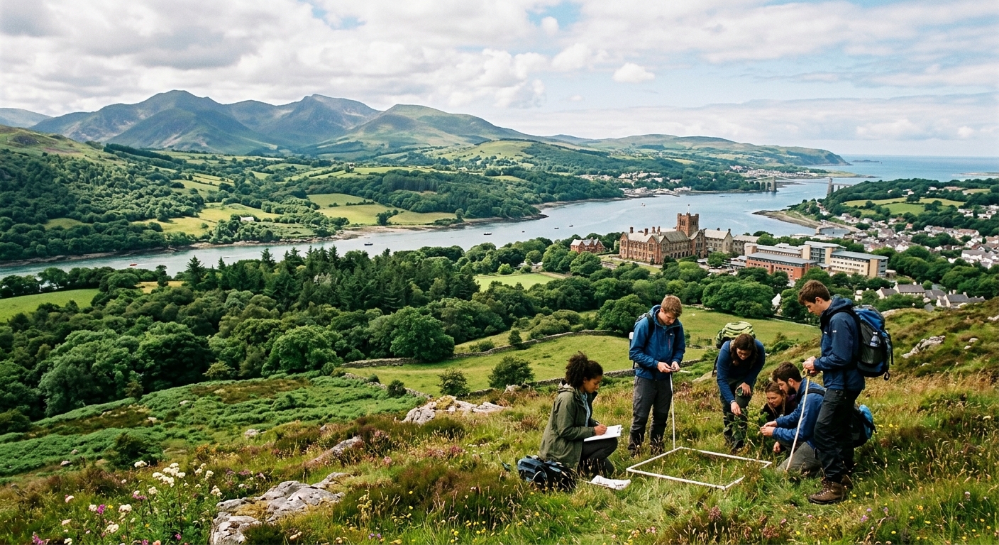 Lush green landscape of Snowdonia National Park in North Wales with mountains, forests, and the Menai Strait coastline, Bangor University campus buildings visible in the distance, students conducting fieldwork in a natural habitat