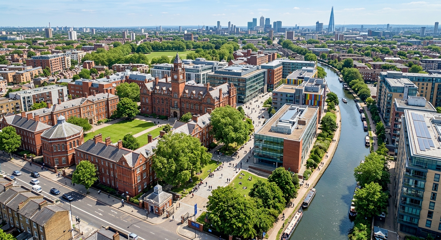 Queen Mary University Mile End campus aerial view, red-brick Victorian buildings alongside modern glass structures, Regent's Canal running alongside, green courtyards, students on pathways