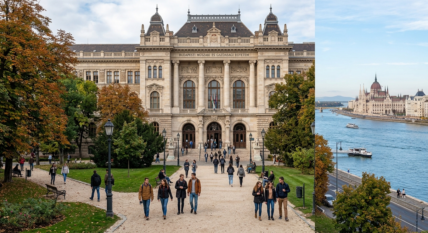 BME historic main building with neo-Renaissance facade, grand entrance with columns, students walking on tree-lined paths, Danube River visible in background