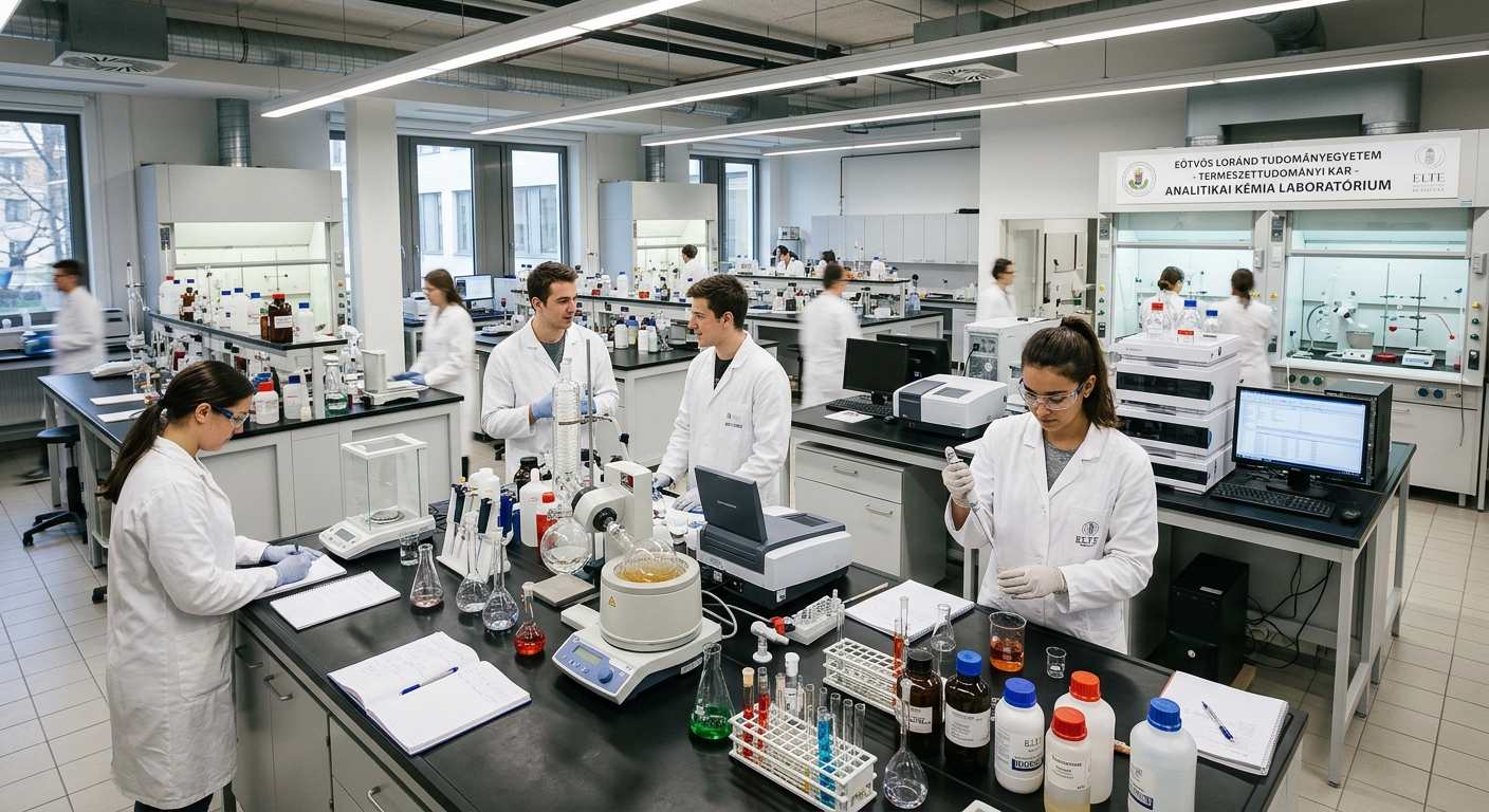 Modern chemistry laboratory at Eötvös Loránd University in Budapest, students in lab coats working with analytical instruments, glass flasks and beakers on benches, bright fluorescent lighting, Faculty of Science building interior