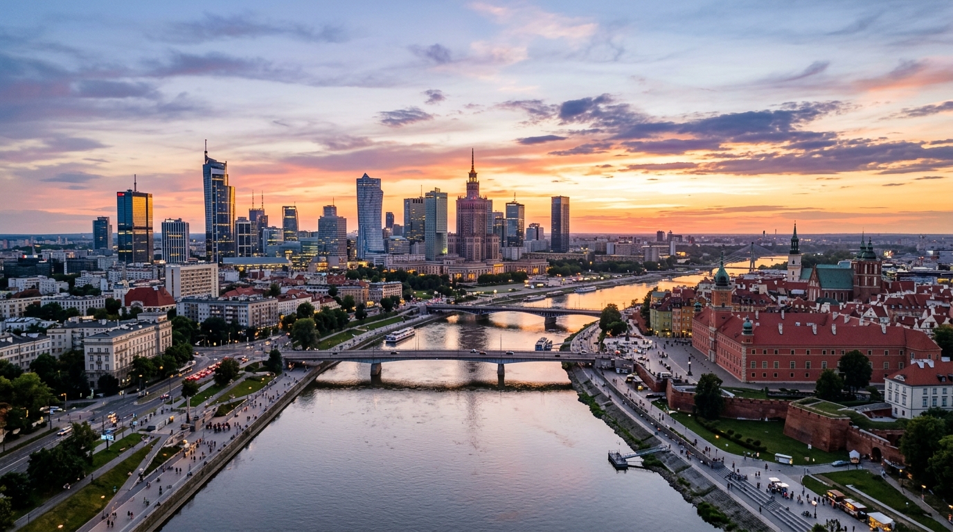 Warsaw Poland city skyline panorama, modern glass skyscrapers alongside historic Old Town buildings, Vistula River flowing through the city, Palace of Culture and Science visible, sunset golden hour lighting
