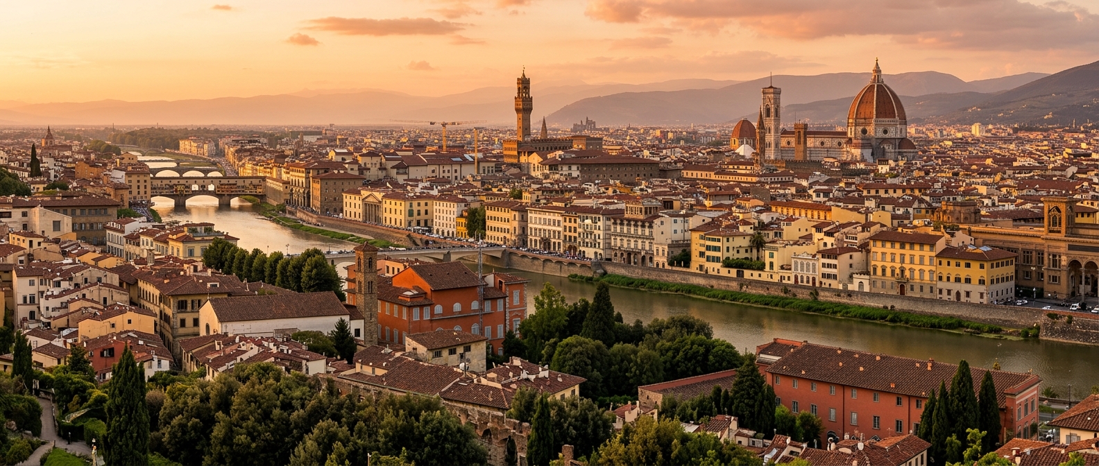 Panoramic view of the University of Florence campus buildings spread across the historic city center with the Florence Cathedral dome and Giotto's bell tower in the background, terracotta rooftops, Arno River visible, warm golden hour lighting
