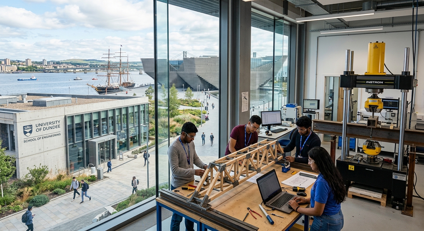 Modern university campus in Dundee Scotland with engineering students working on structural models, steel and concrete testing laboratory visible through glass walls, city waterfront in background