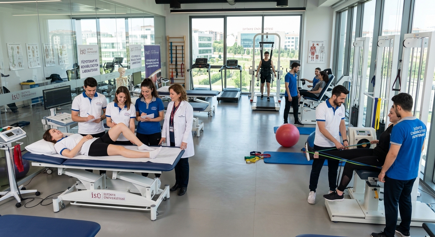 Modern physiotherapy laboratory at Istinye University Istanbul campus, students practicing rehabilitation techniques with advanced equipment, bright clinical setting with treatment beds and exercise apparatus