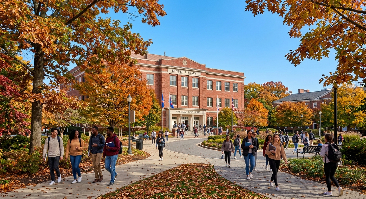 American University Bender Library exterior with students walking on tree-lined pathways, red brick facade, autumn foliage, clear blue sky