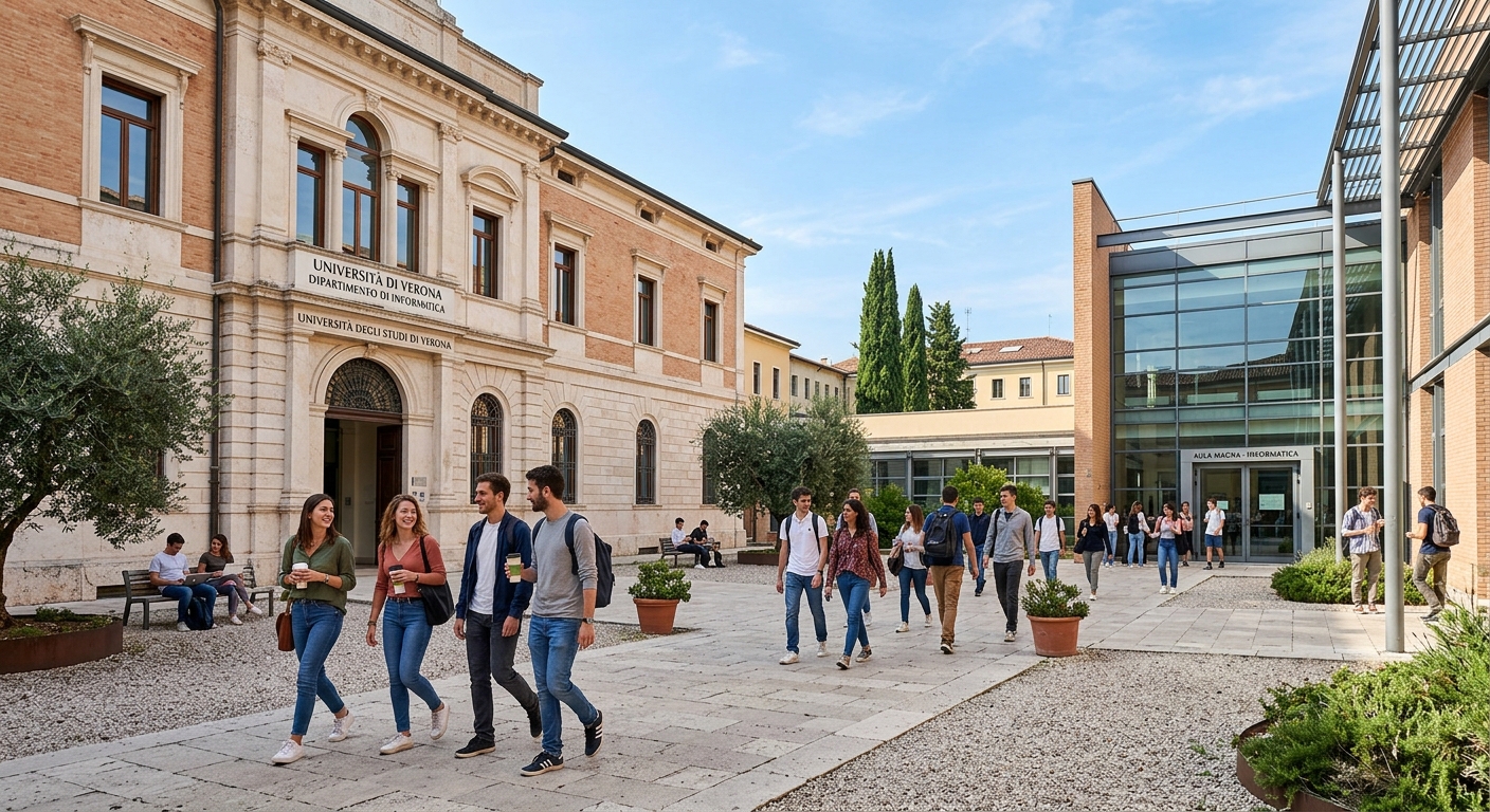 University of Verona Department of Computer Science building with students walking through the campus courtyard, historic Italian architecture blending with modern facilities, sunny day in Verona Italy