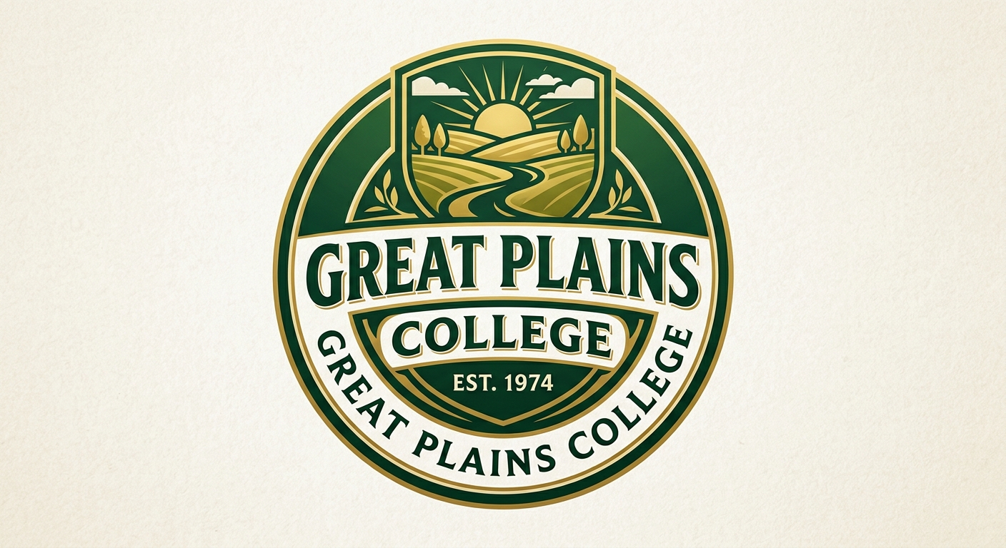 Great Plains College official logo, green and gold color scheme with stylized prairie landscape emblem and college name text