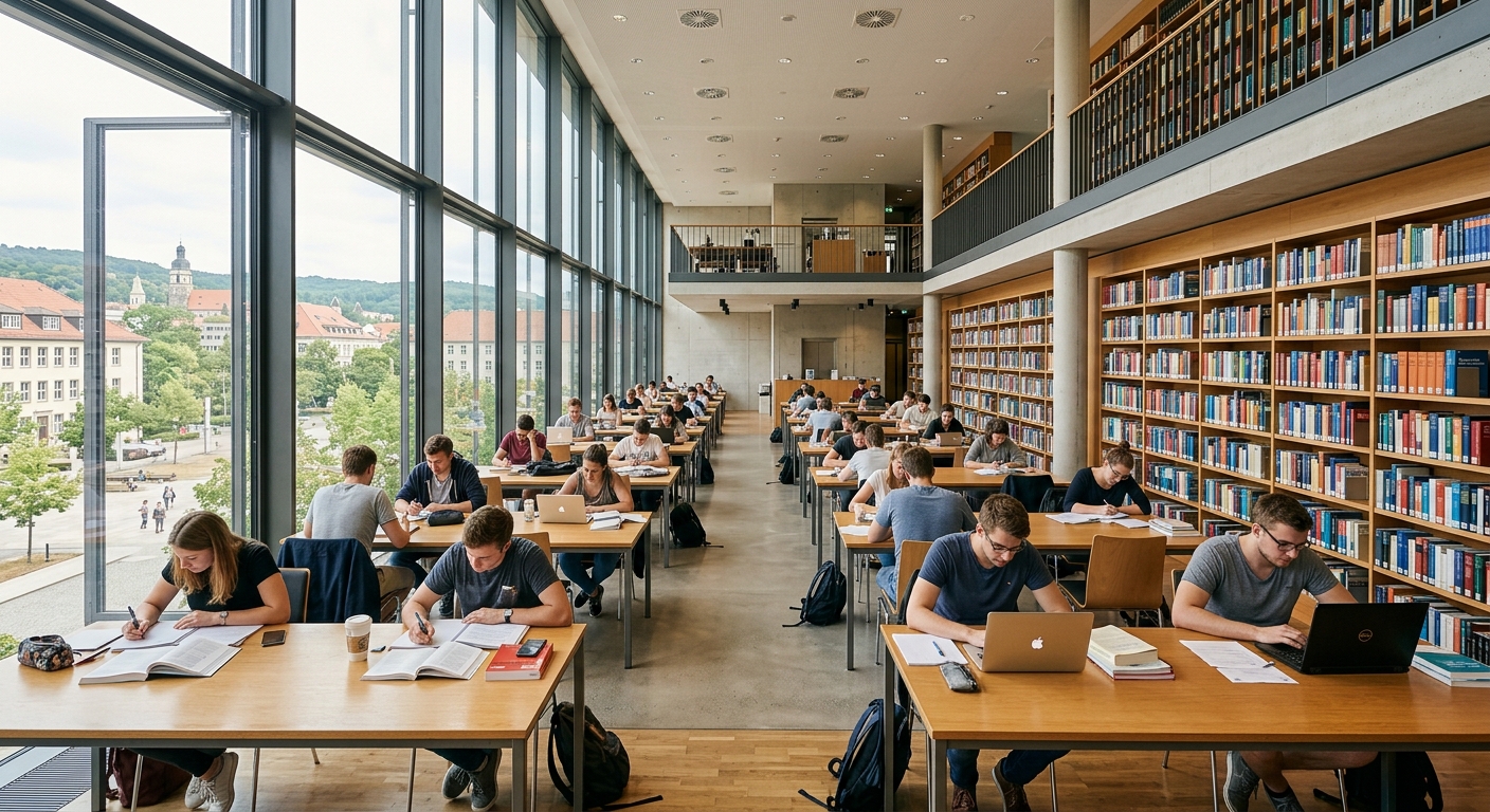 Thuringia University and State Library ThULB Jena interior, modern reading room with natural light, students studying at desks, bookshelves in background