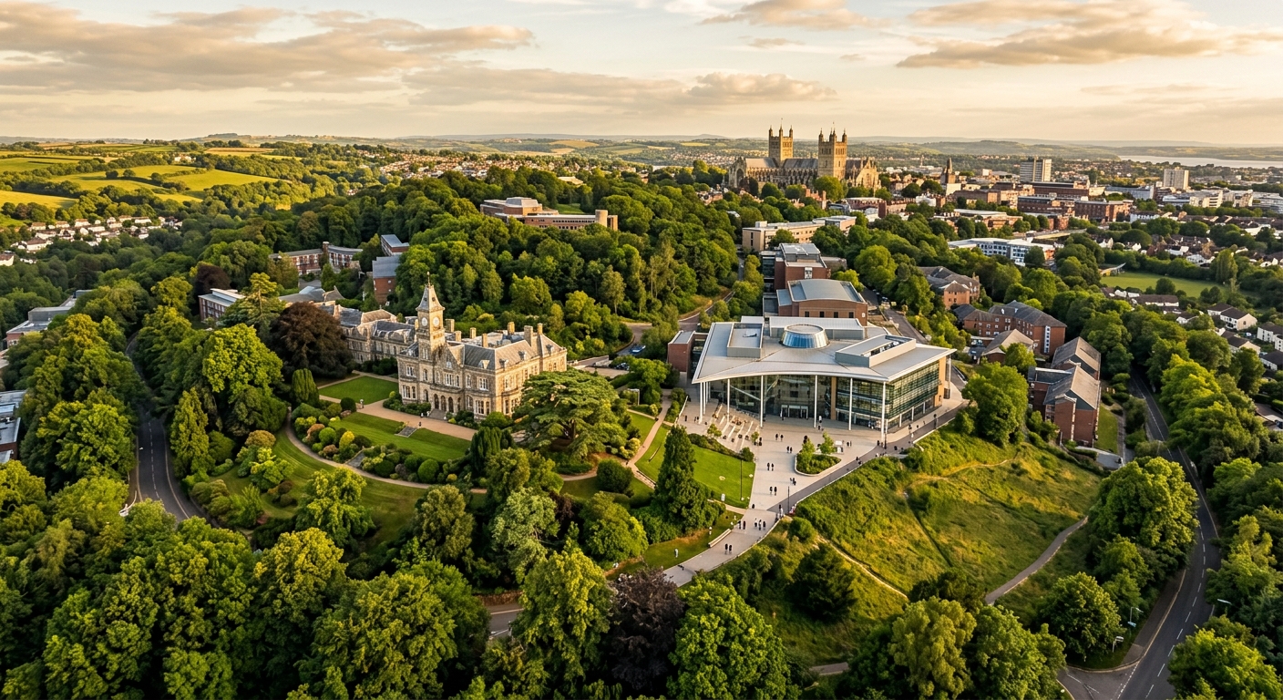 University of Exeter Streatham Campus wide aerial view, lush green parkland with rolling hills, historic Reed Hall and modern Forum building, Exeter Cathedral visible in the distance, warm golden hour light