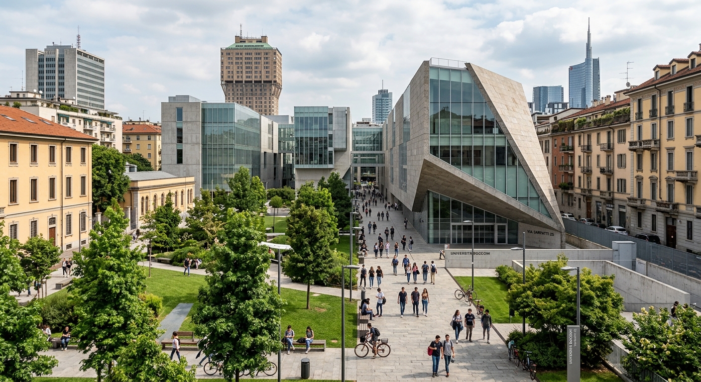 Bocconi University modern campus in Milan Italy with contemporary architecture, students walking between historic and new buildings, green park area visible, urban cityscape in background with Italian design elements