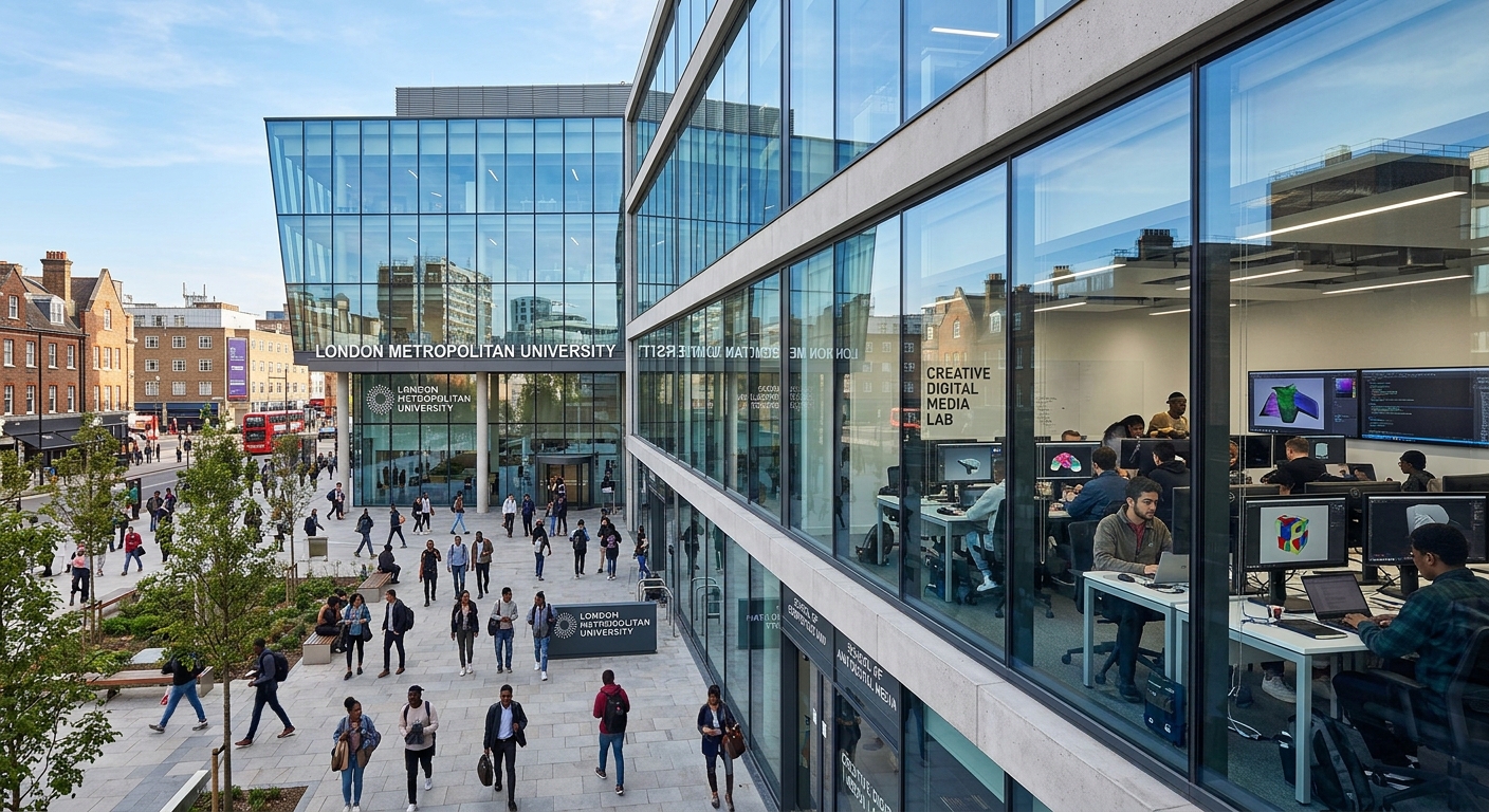 London Metropolitan University campus building with modern glass facade, students walking through courtyard, creative digital media lab visible through windows, urban London setting with clear sky