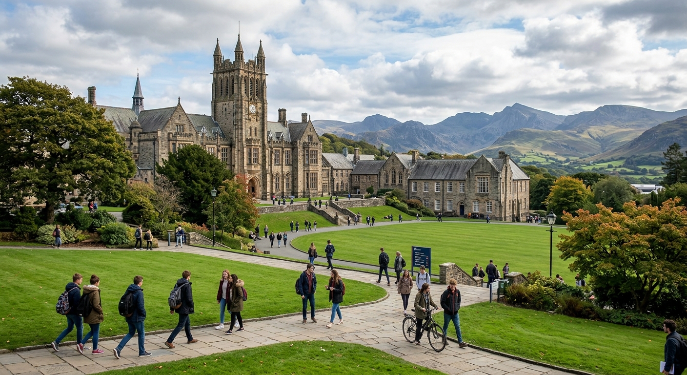 Bangor University campus with historic stone buildings set against the dramatic backdrop of Snowdonia mountains, green lawns and students walking between lecture halls under a partly cloudy Welsh sky