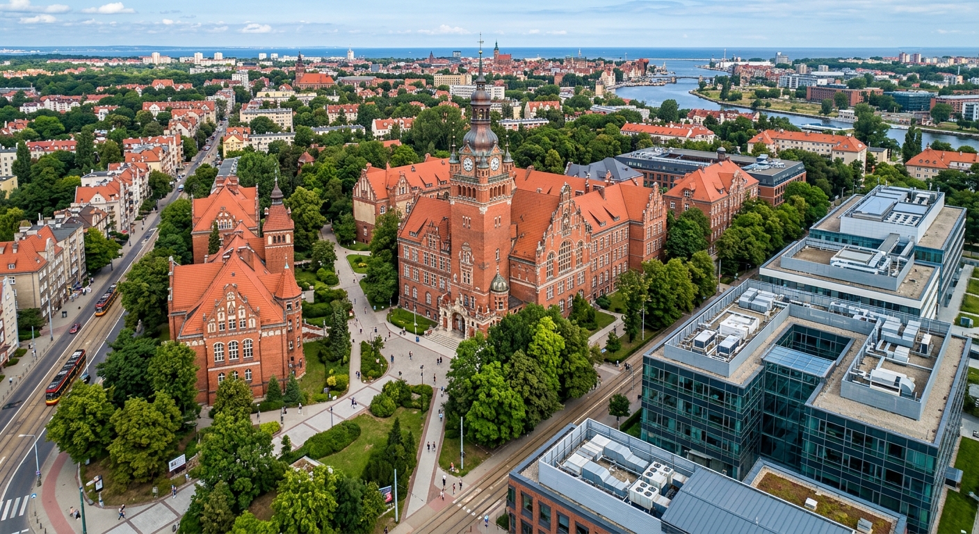 Aerial view of Gdansk University of Technology campus showing historic Northern Renaissance and Art Nouveau buildings with red brick facades, clock tower on main building, green tree-lined walkways, and modern glass research facilities, Wrzeszcz district of Gdansk, Poland