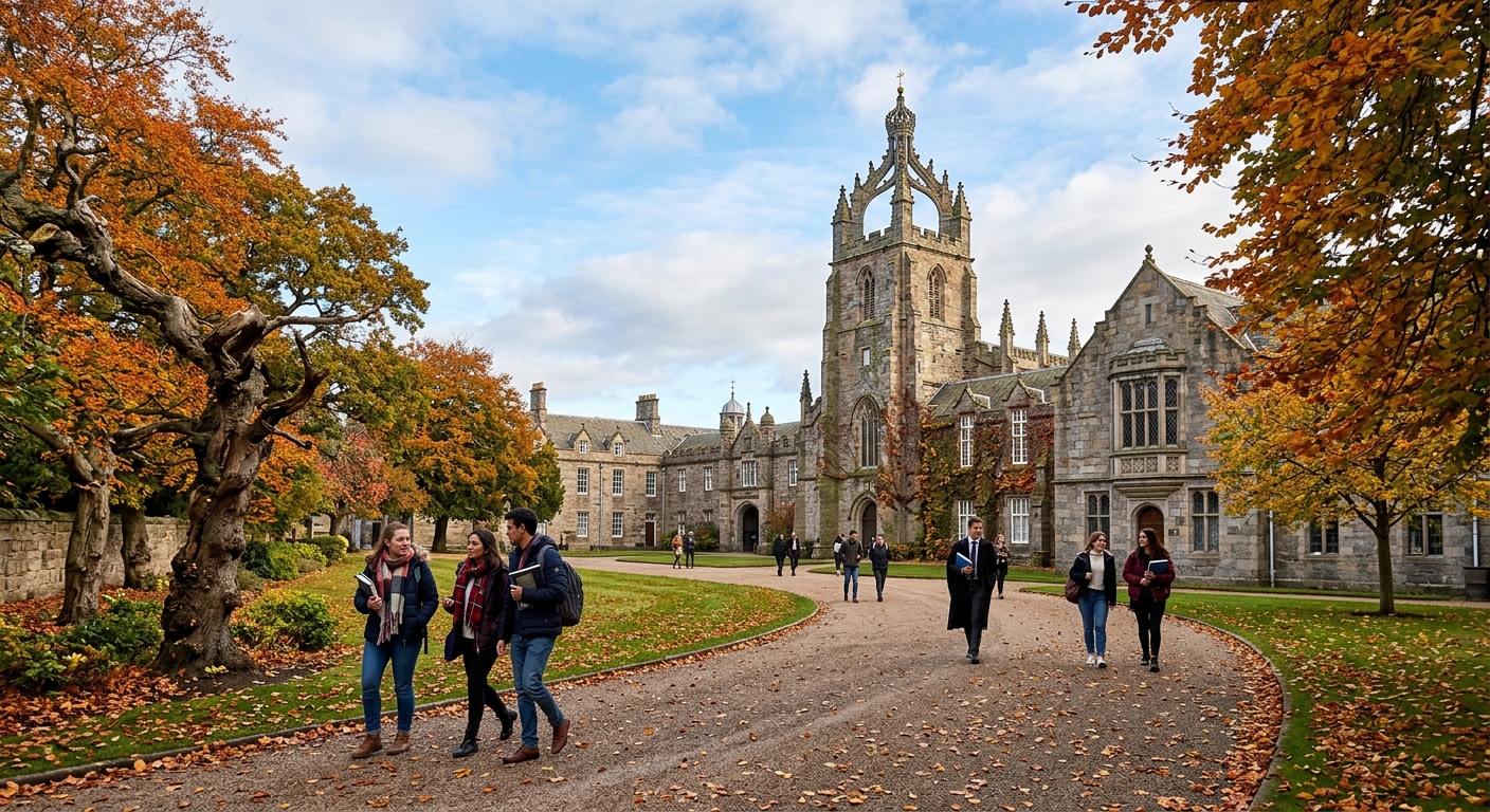 Historic granite campus of the University of Aberdeen in Scotland, with the iconic King's College Chapel crown tower visible, students walking along tree-lined paths, autumn foliage, blue sky with scattered clouds