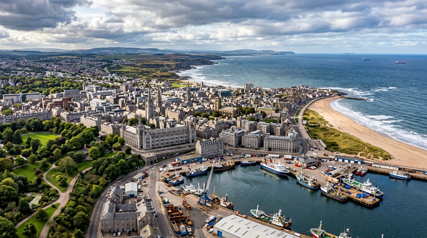 Aberdeen city panoramic view showing granite stone buildings, harbour with ships, golden sandy beach, the North Sea coastline, and green parks under a dramatic Scottish sky