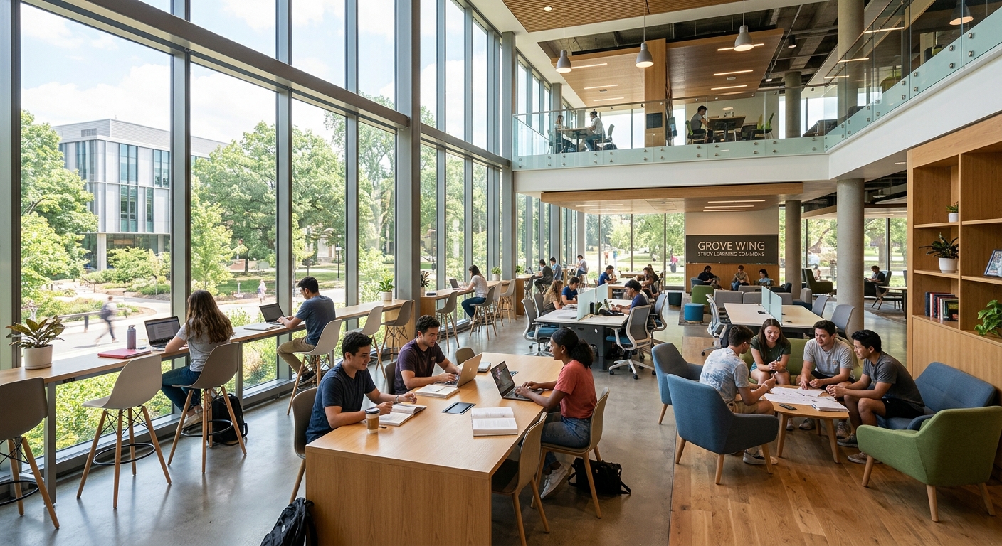 Modern Grove Wing interior, open plan study spaces with floor-to-ceiling windows, contemporary furniture, collaborative learning areas, natural light flooding in