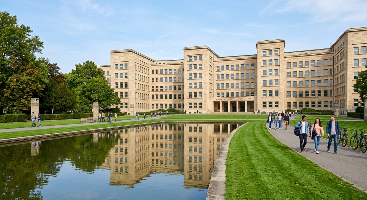 Westend Campus of Goethe University Frankfurt, historic IG Farben Building with its iconic curved sandstone facade, green manicured lawns and reflecting pool in foreground, students walking on pathways