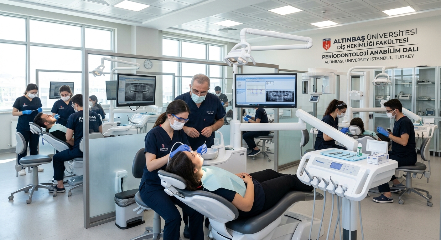 Modern dental clinic at Altinbas University in Istanbul, Turkey, with periodontal treatment equipment, dental chairs, and students practicing clinical procedures under supervision, bright clinical lighting
