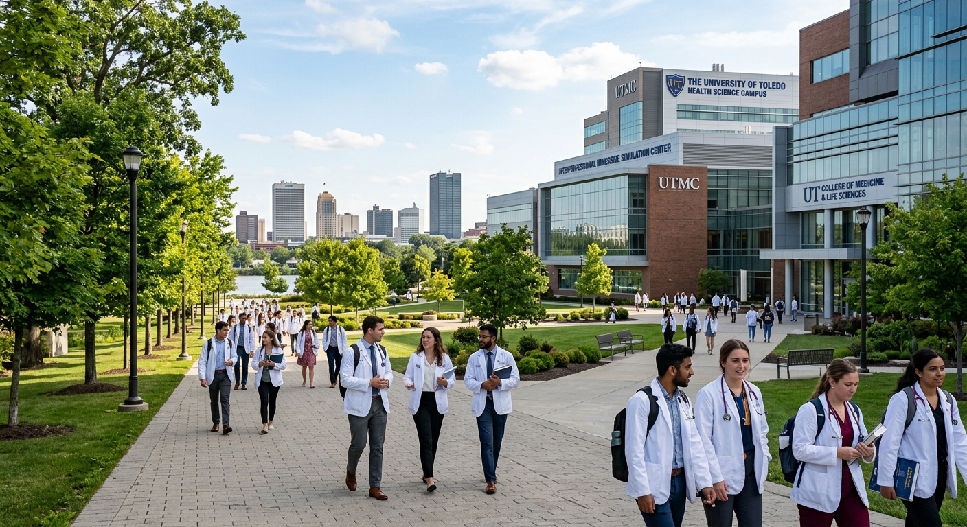 University of Toledo Health Science Campus with modern medical education buildings, students in white coats walking along tree-lined pathways, Toledo Ohio skyline in the background, bright sunny day