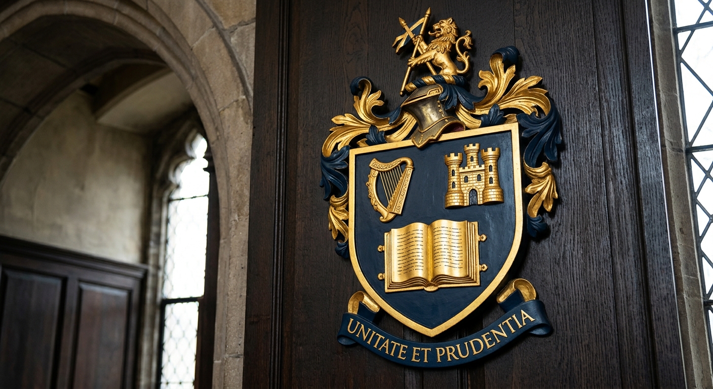 Trinity College Dublin official university crest featuring a harp, open book, and castle tower on a dark blue shield with the Latin motto