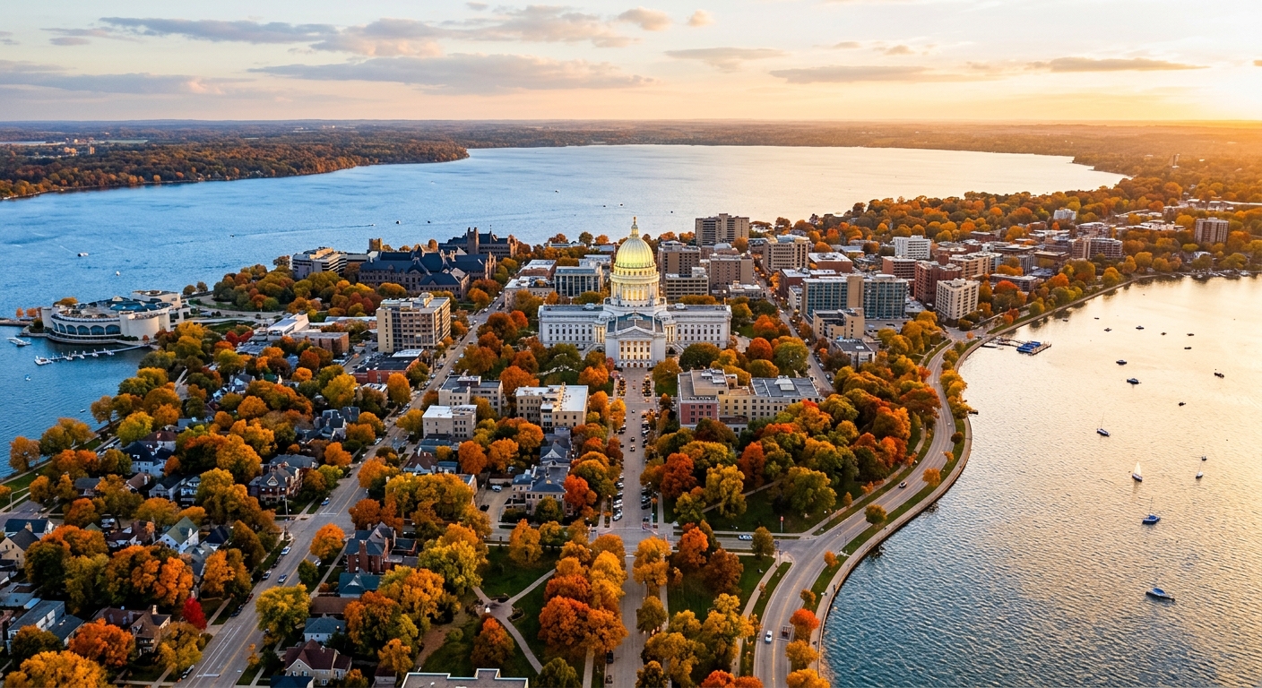 Madison Wisconsin skyline with the State Capitol dome, isthmus between Lake Mendota and Lake Monona, tree-lined streets, and autumn foliage in warm golden light