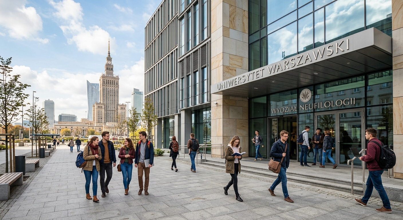 Modern university building in central Warsaw Poland with students walking near the entrance, European city architecture in the background, warm daylight, professional academic atmosphere