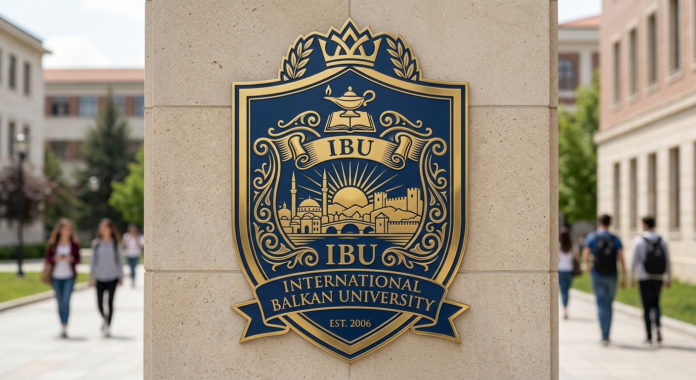 International Balkan University IBU official logo, blue and gold shield emblem with university name text