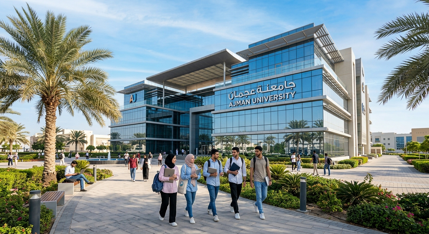 Modern Ajman University campus building with glass facades, palm trees lining the walkway, students walking with laptops and backpacks, clear blue sky in the United Arab Emirates