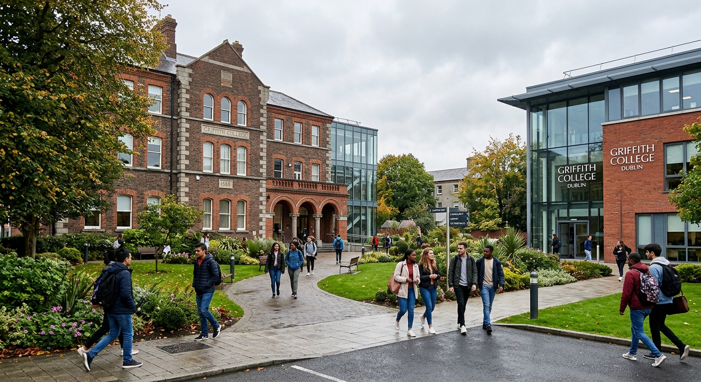 Modern Griffith College campus building in Ireland with students walking through a courtyard, green landscaped grounds, historic architecture blended with contemporary facilities, overcast Irish sky