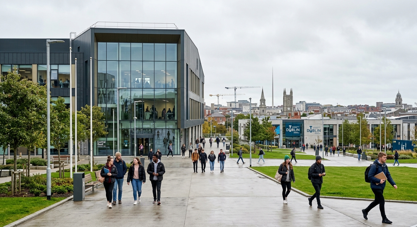 Modern TU Dublin Grangegorman campus building with glass facade, students walking across a landscaped courtyard, Dublin cityscape in background, bright overcast sky typical of Ireland